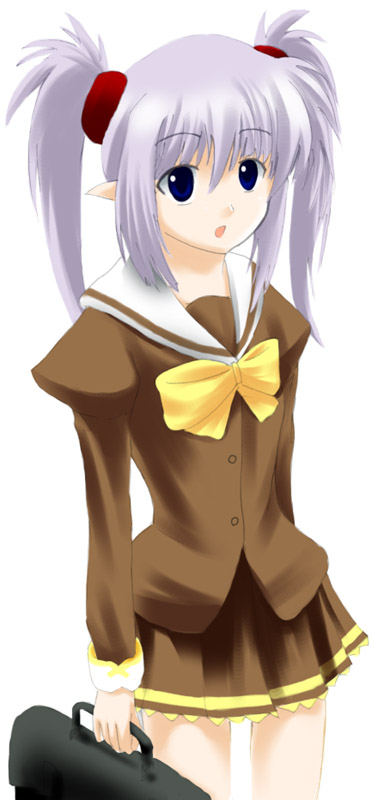 primula, shuffle!, light purple hair, 00s, 1girl, bag, blue eyes, female focus, long hair, open mouth, school bag, school uniform, serafuku, simple background, skirt, solo, twintails, white background