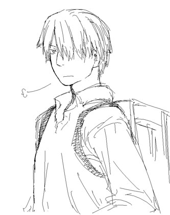 satou atsuki, ginko (mushishi), mushishi, lowres, 1boy, backpack, bag, greyscale, hair over one eye, male focus, monochrome, randoseru, sigh, solo