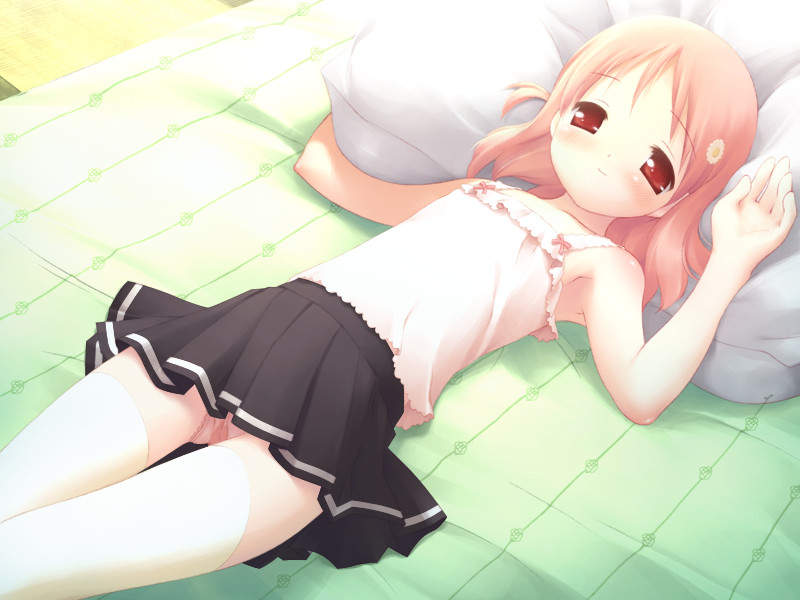 gayarou, kiriyama sakura, sakura musubi, game cg, 1girl, armpits, bed, blush, camisole, female focus, flat chest, loli, lying, on back, panties, pantyshot, pillow, pink hair, pink panties, pleated skirt, red eyes, red hair, short hair, skirt, smile, solo, thighhighs, underwear, upskirt, white thighhighs, zettai ryouiki
