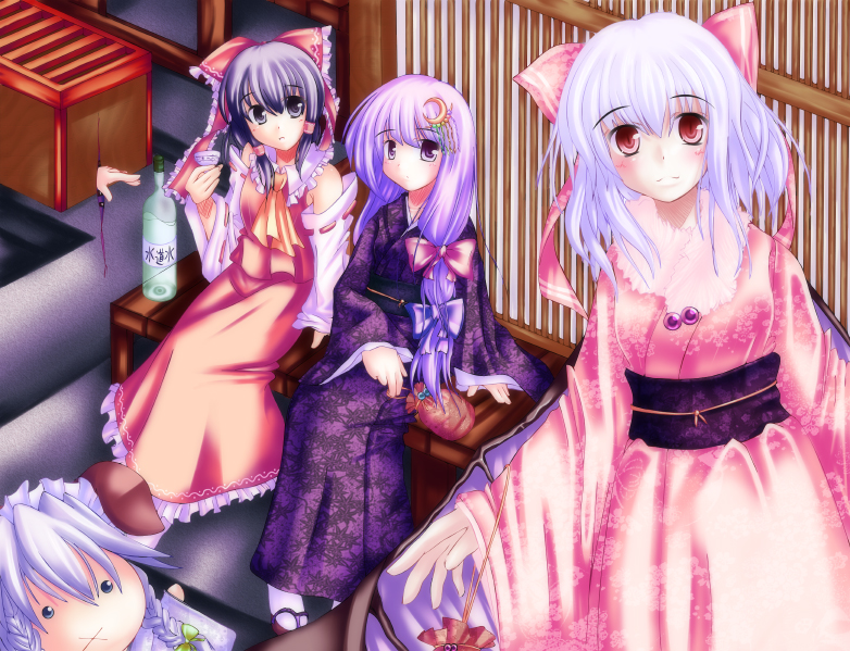 moru pomu po, hakurei reimu, izayoi sakuya, patchouli knowledge, remilia scarlet, yakumo yukari, touhou, silver hair, 5girls, alcohol, alternate costume, ascot, bag, bottle, bow, box, brown hair, character doll, crescent, crescent hair ornament, detached sleeves, doll, donation box, female focus, floral print, gap (touhou), hair bow, hair ornament, hair tubes, handbag, japanese clothes, kimono, long hair, looking at viewer, multiple girls, new year, no headwear, nontraditional miko, obi, pink bow, purple eyes, purple hair, red eyes, ribbon-trimmed sleeves, ribbon trim, sake, sash, sitting, skirt, skirt set, tabi, x mouth