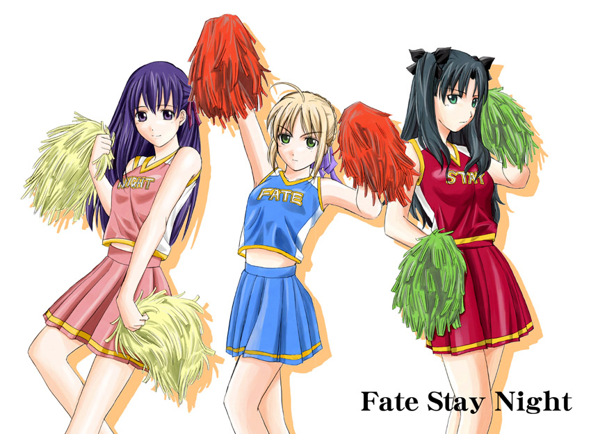 toshibou (satsukisou), artoria pendragon (fate), matou sakura, saber (fate), tohsaka rin, fate/stay night, fate (series), 00s, 3girls, black hair, blonde hair, cheerleader, clothes writing, green eyes, long hair, multiple girls, pom pom (cheerleading), purple eyes, purple hair