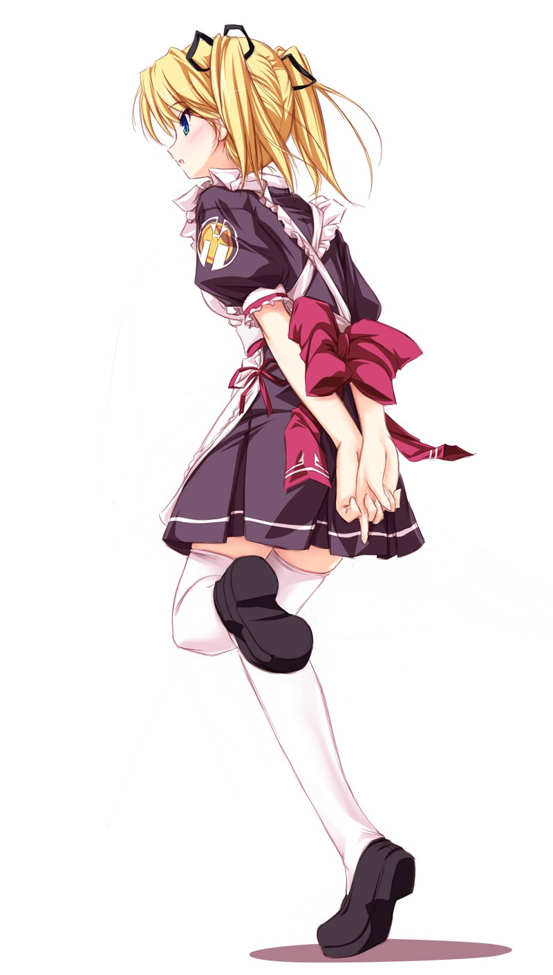 tenmaso, original, eyebrows, looking away, highres, 1girl, arms behind back, black ribbon, blonde hair, blue eyes, blush, bow, female focus, frills, hair ribbon, interlocked fingers, loafers, maid, parted lips, red bow, ribbon, shoes, simple background, solo, thighhighs, twintails, white background, white thighhighs, zettai ryouiki