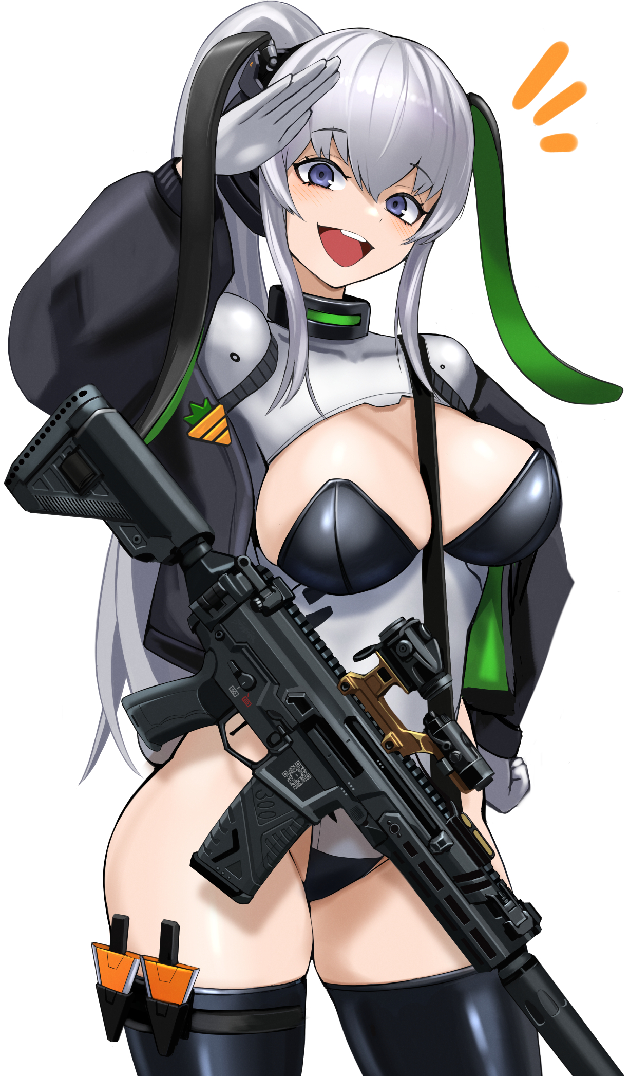 sunao (70 the), heckler & koch, original, commentary, english commentary, highres, 1girl, animal ears, assault rifle, between breasts, black jacket, black thighhighs, blue eyes, breasts, bunny day, cowboy shot, gloves, gun, gun sling, h&k hk433, jacket, large breasts, looking at viewer, mechanical ears, open clothes, open jacket, ponytail, rabbit ears, rifle, salute, scope, simple background, smile, solo, suppressor, teeth, thighhighs, upper teeth only, weapon, white background, white gloves, white hair