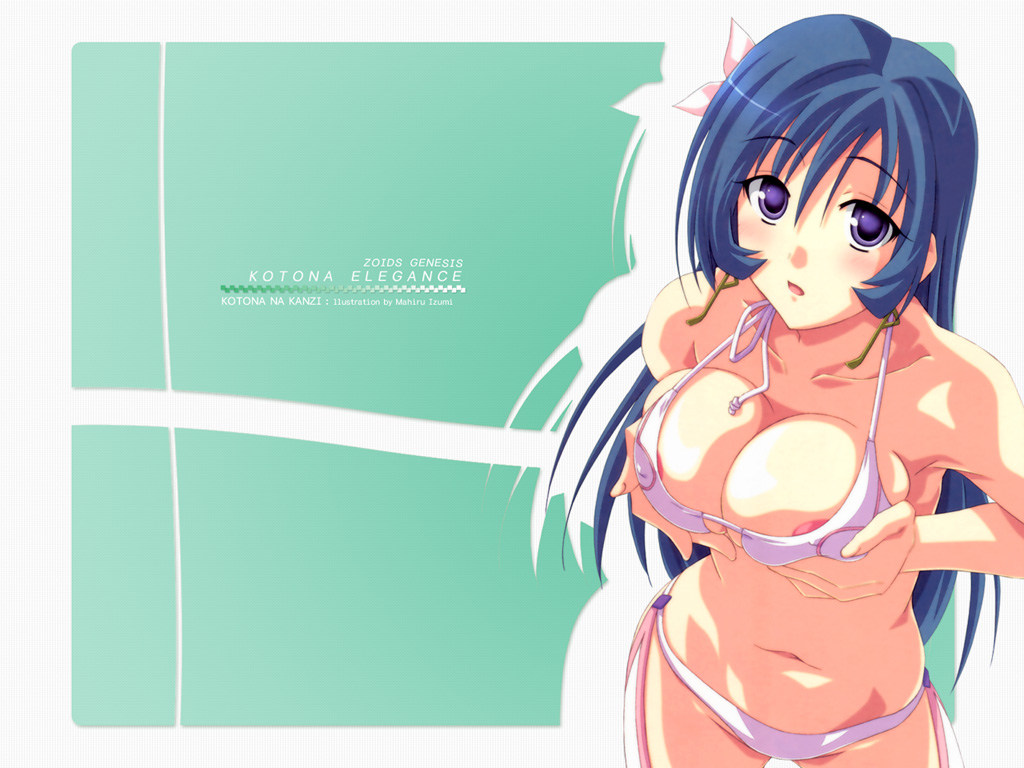 izumi mahiru, kotona elegance, zoids, zoids genesis, 00s, bikini, blue hair, breasts, breasts squeezed together, cleavage, covered erect nipples, large breasts, nipple slip, nipples, purple eyes, solo, swimsuit