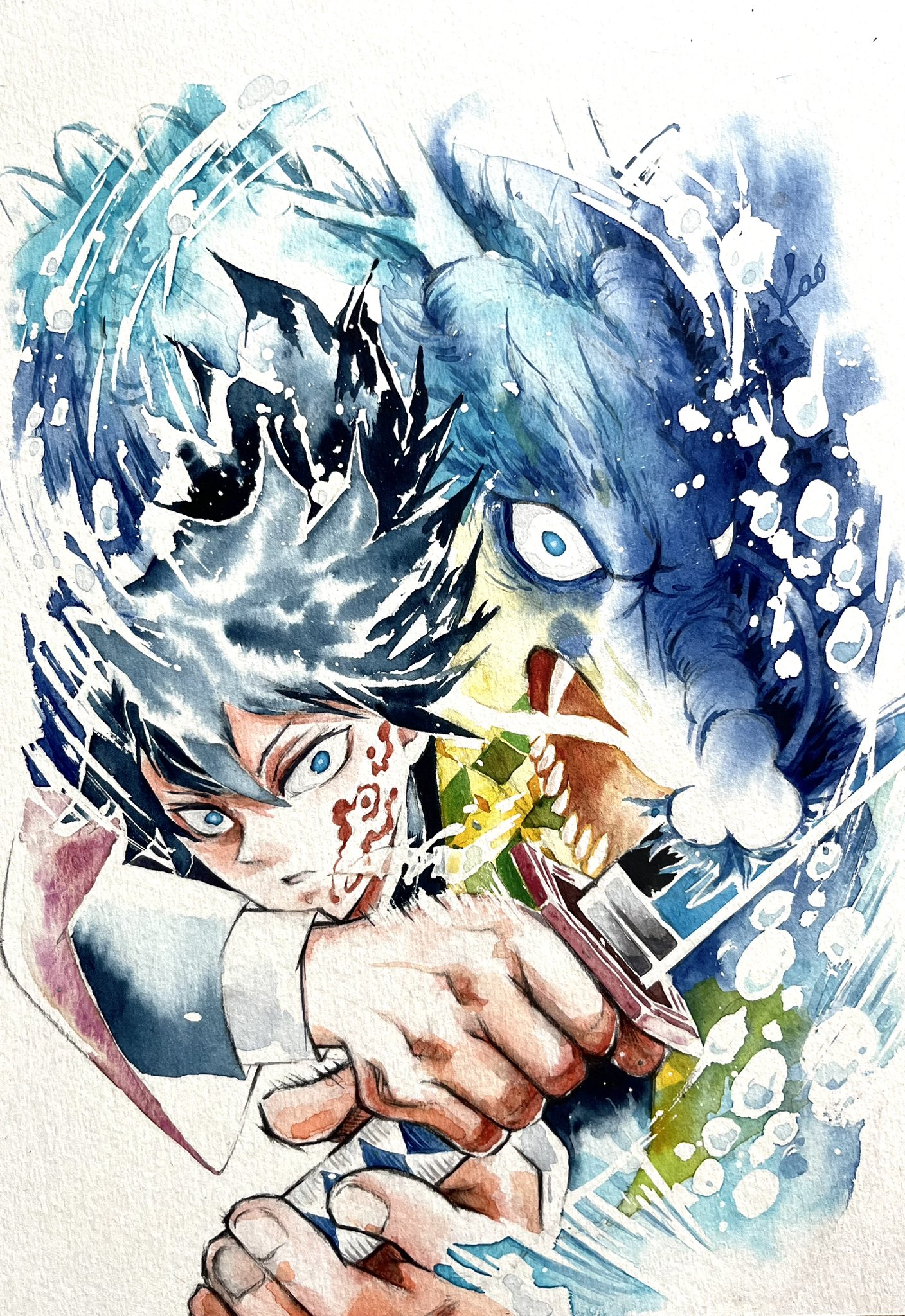 tomioka giyuu, kimetsu no yaiba, highres, 1boy, black hair, black jacket, blood on cheek, blue eyes, constricted pupils, dragon, haori, holding, holding sword, holding weapon, jacket, japanese clothes, kao07642656, katana, long hair, looking at viewer, male focus, open mouth, red haori, sharp teeth, solo, spiked hair, sword, teeth, upper body, weapon, white background