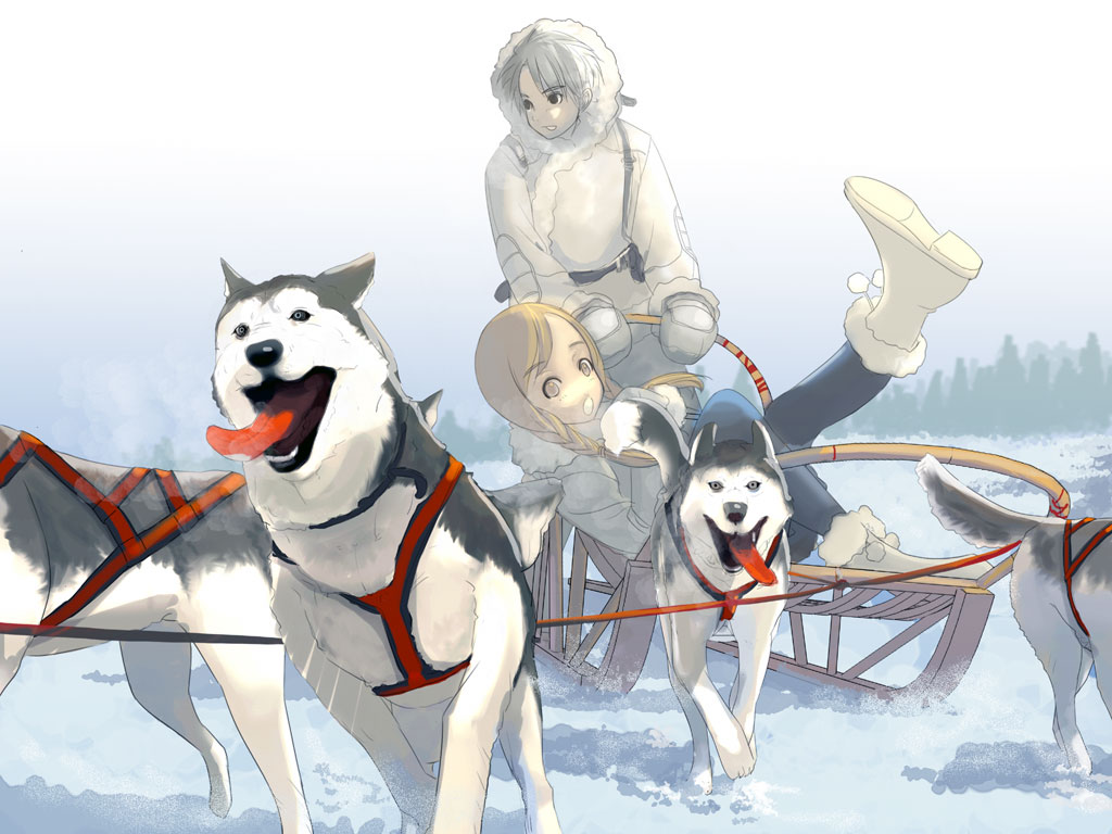 kiriman (souldeep), original, 1boy, 1girl, boots, braid, coat, dog, harness, husky, multiple dogs, pants, pantyhose, sled, snow, tongue, twin braids