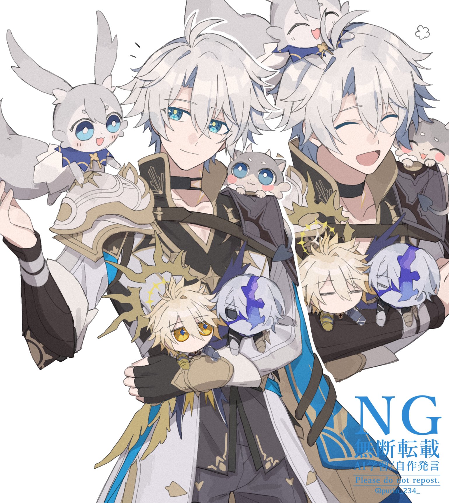 purin 234, phainon (honkai: star rail), honkai (series), highres, 3boys, armor, blue eyes, chimera (honkai: star rail), closed eyes, closed mouth, coat, grey hair, hand up, male focus, multiple boys, multiple persona, multiple views, open mouth, parted bangs, pauldrons, short hair, shoulder armor, single pauldron, smile, solo, watermark, white background, white coat, yellow pupils