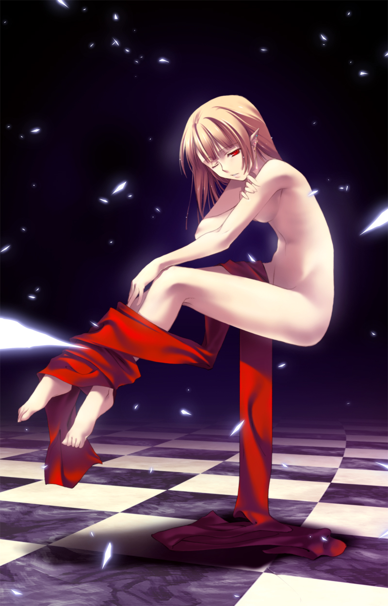 original, highres, 1girl, blonde hair, checkered floor, female focus, floating, nude, one eye closed, pointy ears, red eyes, ribbon, solo, wink