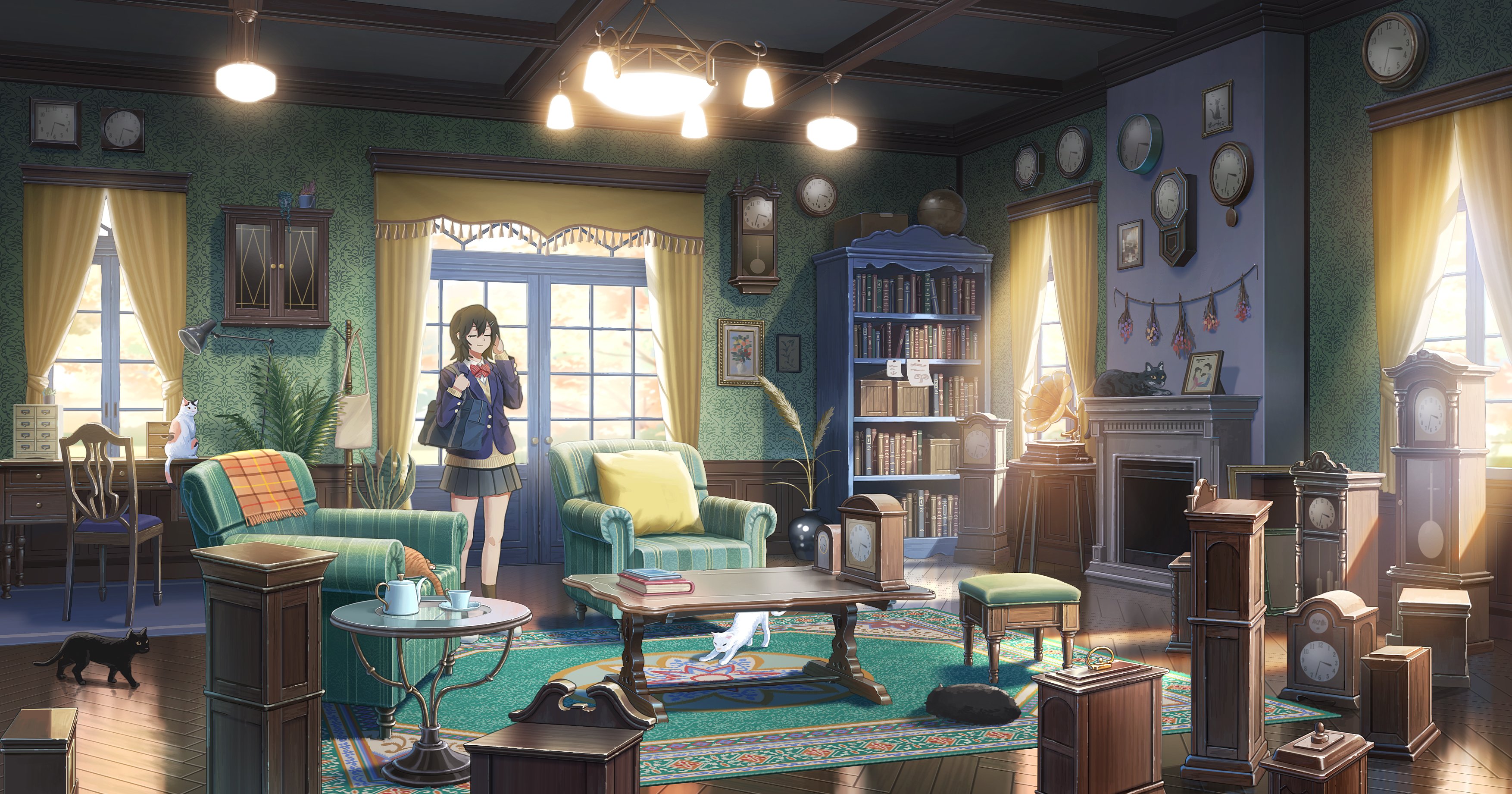 fumeshi, original, absurdres, highres, 1girl, analog clock, armchair, bag, black cat, black hair, black socks, blazer, blue jacket, book, book stack, bookshelf, bow, bowtie, calico (pattern), calico cat, cat, cat loaf, chair, clock, closed eyes, closed mouth, coat rack, coffee table, collared shirt, cuff links, cup, curtains, cushion, desk, desk lamp, double-parted bangs, drawer, fireplace, flower, full body, grandfather clock, grey skirt, hair between eyes, hair ornament, hairclip, hand on own ear, hanging flower, hanging light, indoors, jacket, lamp, long sleeves, medium hair, miniskirt, muntins, note, pendulum clock, phonograph, photo (object), picture frame, plant, pleated skirt, potted plant, red bow, red bowtie, reeds, rug, saucer, scenery, school bag, school uniform, shirt, skirt, slippers, smile, socks, solo, standing, stool, striped bow, striped bowtie, striped clothes, sunlight, sweater, table, teacup, teapot, too many clocks, vase, wall clock, wallpaper (object), white cat, white shirt, white slippers, window, winter uniform, wooden floor, yellow sweater