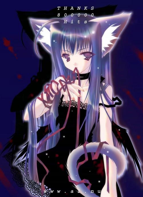mokemoke (hakuryou iruka pengin), sakurazawa izumi, tobari (pure pure), original, pure pure, jpeg artifacts, resized, 1girl, ahoge, animal ears, black wings, cat ears, female focus, long hair, milestone celebration, mouth hold, purple eyes, purple hair, ribbon, solo, very long hair, watermark, web address, wings