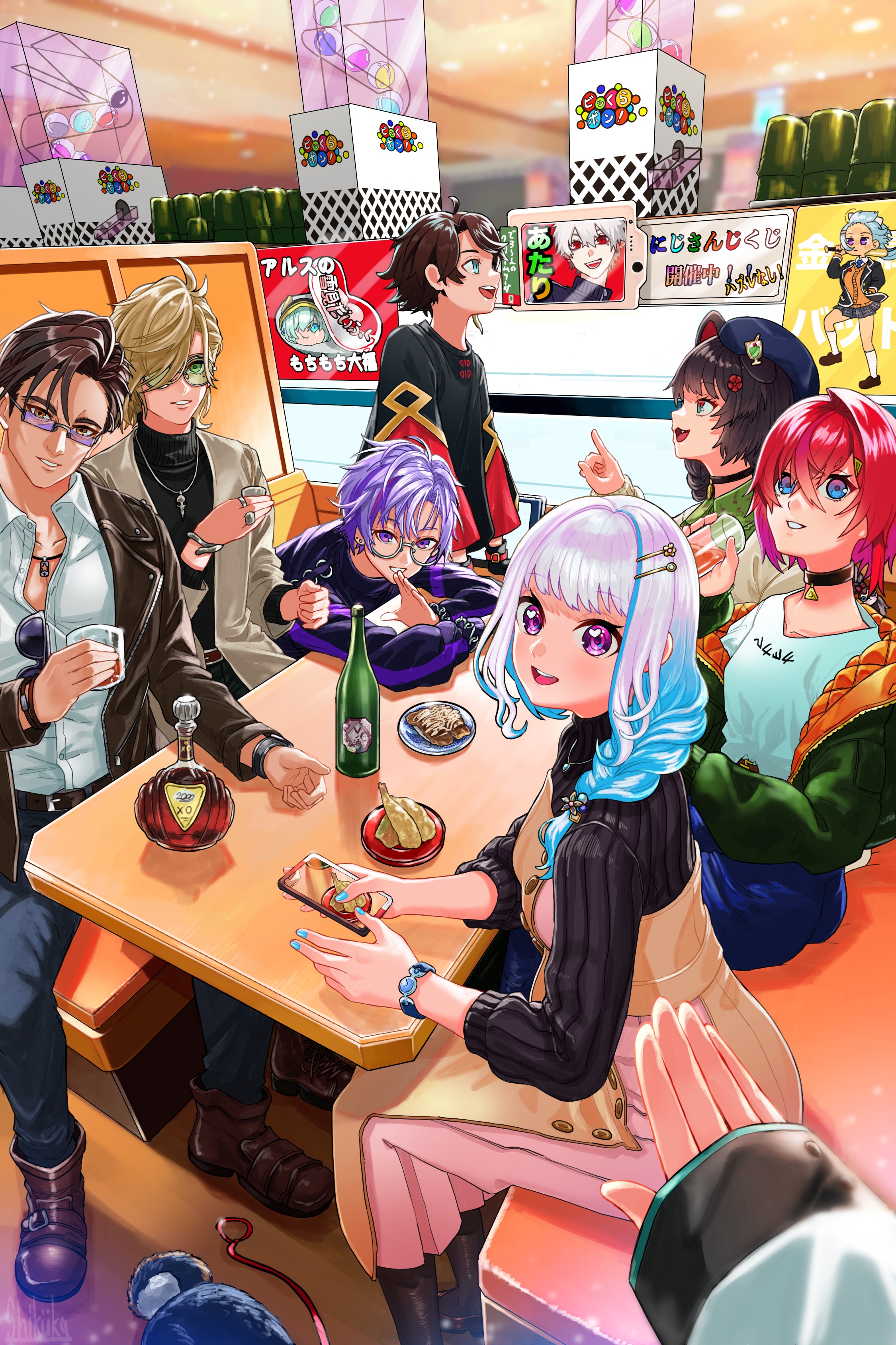tokishima sikuka, ange katrina, ange katrina (5th costume), ars almal, ars almal (1st costume), belmond banderas, fuwa minato, fuwa minato (4th costume), higuchi kaede, higuchi kaede (1st costume), inui toko, inui toko (fall casual), kuroi shiba, kuzuha (1st costume) (nijisanji), kuzuha (nijisanji), lize helesta, lize helesta (5th costume), mayuzumi kai, mayuzumi kai (1st costume), oliver evans, oliver evans (2nd costume), saegusa akina, kyoufuu all back (vocaloid), nijisanji, absurdres, commentary request, food request, highres, translation request, 3girls, 5boys, :d, ahoge, alcohol, animal ears, ankle boots, aqua eyes, arm rest, artist name, belmond banderas (9th costume), belt, beret, black choker, black shirt, black sweater, blonde hair, blue eyes, blue hair, blue hat, blue nails, blue pants, blurry, blurry background, booth seating, boots, bottle, bracelet, braid, breasts, brown belt, brown boots, brown dress, brown eyes, brown hair, brown jacket, cellphone, choker, choko (cup), coat, collarbone, collared shirt, crossed bangs, cup, curtained hair, denim, depth of field, dog, dog ears, dress, dress over shirt, drinking glass, eyewear hang, flower, food, gashapon, glass bottle, gradient hair, green-tinted eyewear, green jacket, grey-framed eyewear, grey coat, grin, group picture, hair between eyes, hair flower, hair ornament, hair over one eye, hair over shoulder, hairpin, hand up, hat, heart, heart in eye, holding, holding cup, holding phone, index finger raised, indoors, jacket, jeans, jewelry, lapels, leaning forward, leather, leather jacket, long bangs, long hair, long sleeves, looking at viewer, looking over eyewear, mole, mole under eye, multicolored hair, multiple boys, multiple girls, multiple hairpins, multiple rings, nail polish, notched lapels, open clothes, open coat, open jacket, open mouth, orange jacket, out of frame, pants, parted lips, partially unbuttoned, pendant, pendant choker, phone, pink dress, pov, pov hands, purple-tinted eyewear, purple eyes, purple hair, purple jacket, quilted jacket, rectangular eyewear, red hair, red sleeves, restaurant, ring, round eyewear, sanbaka (nijisanji), semi-rimless eyewear, shirt, short hair, sidelocks, single braid, single ear down, single hair intake, sitting, small breasts, smartphone, smile, strapless, strapless dress, streaked hair, sunglasses, sweater, symbol in eye, table, teeth, three-quarter sleeves, tinted eyewear, turtleneck, turtleneck sweater, two-sided fabric, two-sided jacket, two-tone dress, two-tone hair, unworn eyewear, upper teeth only, virtual youtuber, watch, white hair, white shirt, wristwatch