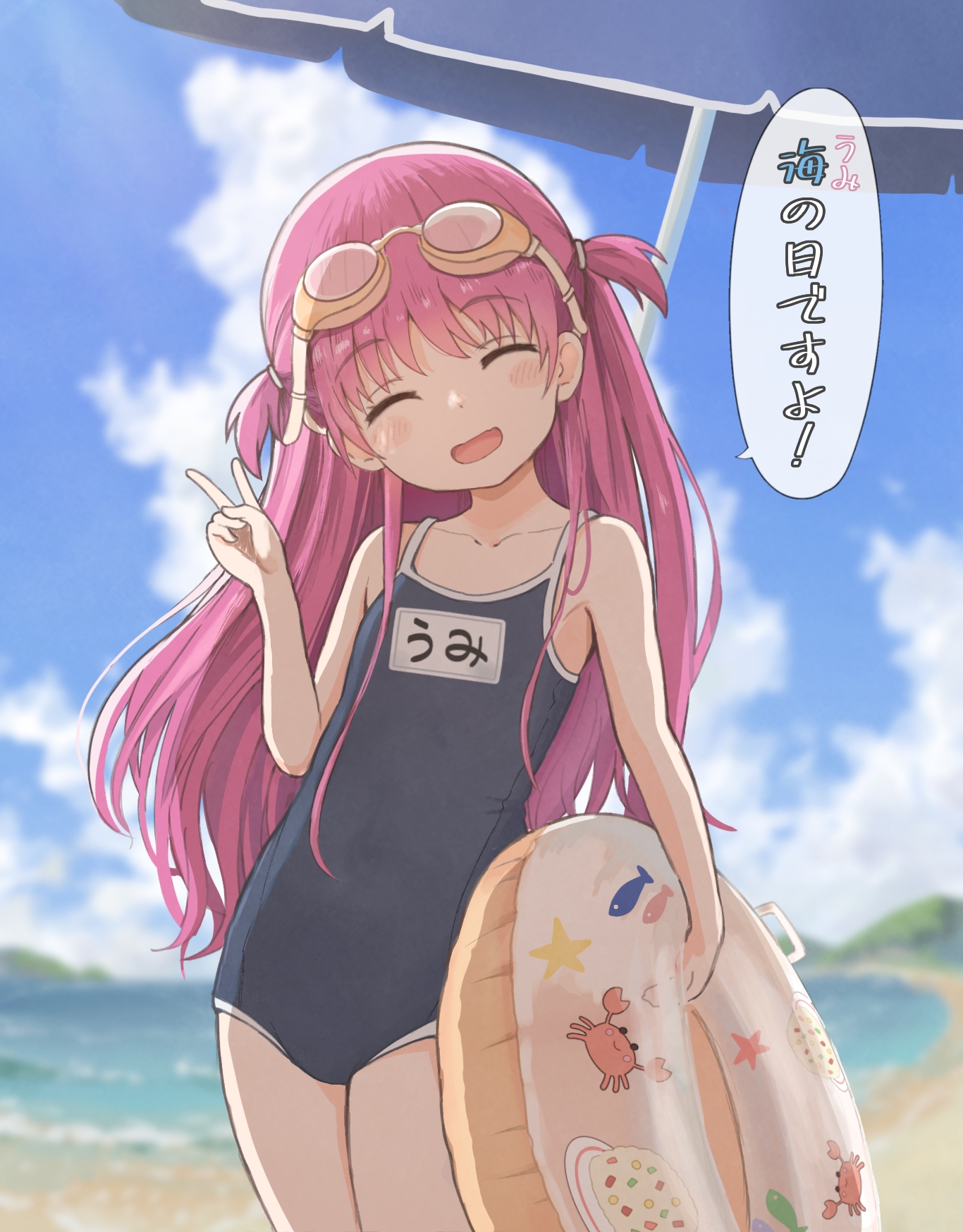ame wa, katou umi, summer pockets, commentary request, highres, translated, 1girl, :d, ^ ^, alternate costume, animal print, backlighting, bare arms, bare shoulders, beach, beach umbrella, black one-piece swimsuit, blue sky, blush stickers, character name, closed eyes, cloud, collarbone, cowboy shot, crab print, cumulonimbus cloud, day, facing viewer, fish print, goggles, goggles on head, hand up, happy, head tilt, holding, holding swim ring, innertube, long hair, name connection, ocean, one-piece swimsuit, open mouth, outdoors, pink hair, print innertube, school uniform, sky, smile, solo, speech bubble, straight hair, swim goggles, swim ring, swimsuit, two side up, umbrella, v, very long hair
