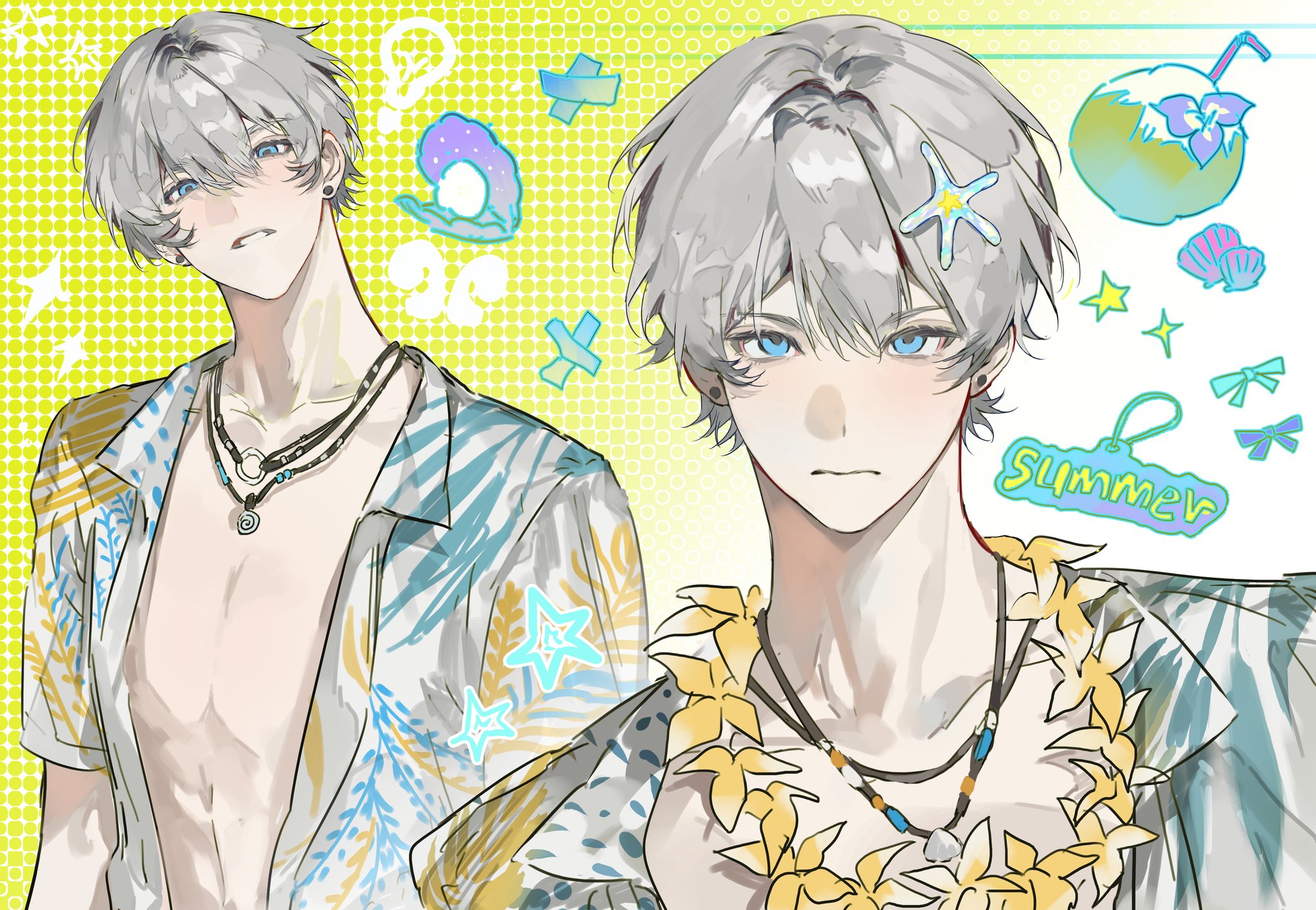 xavier (love and deepspace), love and deepspace, highres, 1boy, closed mouth, collarbone, english text, grey hair, hair between eyes, jewelry, light blush, looking at viewer, male focus, multiple views, necklace, open clothes, open shirt, parted bangs, parted lips, short hair, short sleeves, solo, teeth, upper body, whxgvejdjxj