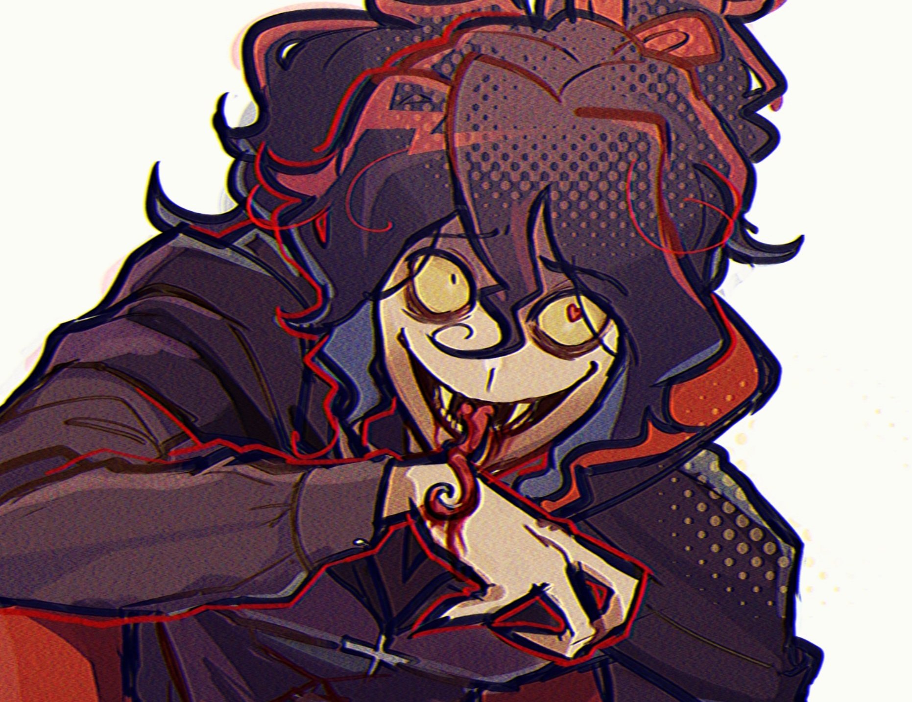 kana (kanaice), john doe (visual novel) (character), john doe (visual novel), highres, 1boy, :d, bags under eyes, black cape, black hair, black hoodie, brooch, cape, colored teeth, constricted pupils, crazy grin, curly hair, double-parted bangs, fangs, fingernails, hair between eyes, halftone, heart, heart-shaped pupils, hood, hoodie, jewelry, licking, licking hand, long tongue, looking at viewer, male focus, messy hair, open mouth, ponytail, popped collar, screentones, sharp fingernails, sharp teeth, smile, solo, symbol-shaped pupils, teeth, tongue, tongue out, upper body, yellow teeth