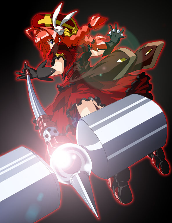 graf eisen, vita (nanoha), lyrical nanoha, mahou shoujo lyrical nanoha, mahou shoujo lyrical nanoha a's, 00s, 1girl, ahoge, beret, between fingers, blue eyes, braid, female focus, gauntlets, hammer, hat, holding, legs, looking back, magical girl, panties, pantyshot, red hair, solo, twin braids, underwear