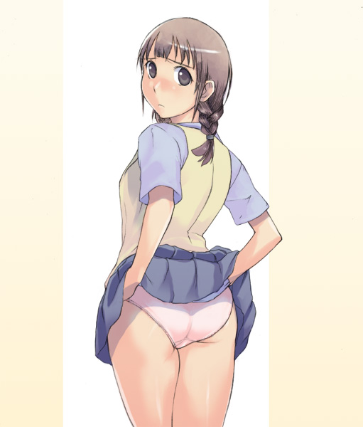 takeda sun, original, 1girl, ass, back, blush, braid, brown hair, clothes lift, dress shirt, female focus, from behind, grey eyes, lifting own clothes, looking back, panties, pink panties, pleated skirt, school uniform, serafuku, shirt, skirt, skirt lift, solo, standing, sweater, sweater vest, twin braids, underwear, vest