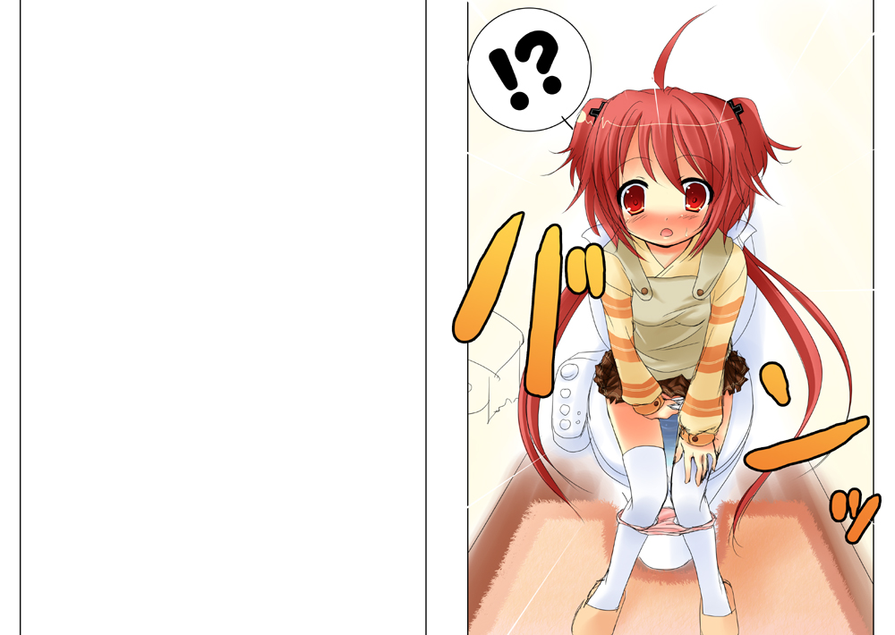 yukizuki chikuba, momose hikaru, peace@pieces, !?, 1girl, bidet, blouse, blush, embarrassed, female focus, long sleeves, looking at viewer, miniskirt, panties, panty pull, pink panties, red eyes, red hair, shirt, skirt, slippers, solo, surprised, sweat, thighhighs, toilet, toilet paper, toilet use, twintails, underwear, wiping