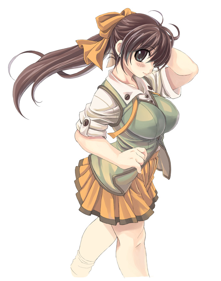 mil (xration), 1girl, blush, breasts, brown eyes, brown hair, female focus, frills, large breasts, ponytail, simple background, skirt, smile, socks, solo, white background