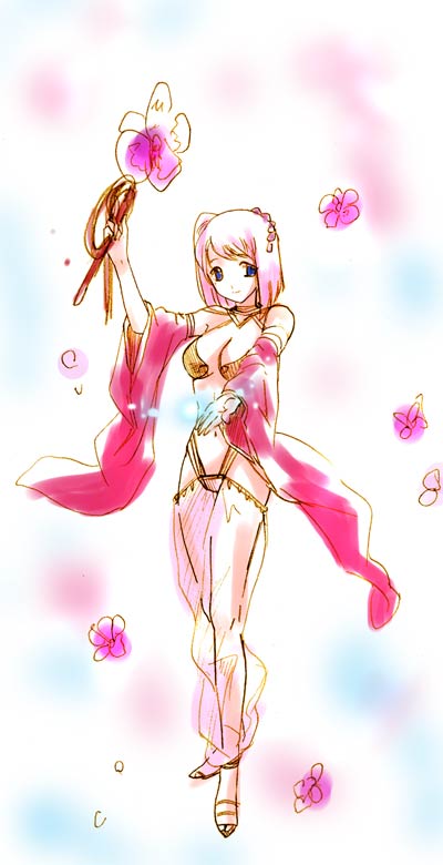 haruyo (imokenp), gypsy (ragnarok online), ragnarok online, 1girl, arm up, bandeau, blue eyes, dancer, detached sleeves, female focus, flower, gypsy, hair ornament, harem pants, looking at viewer, navel, pants, pink hair, see-through clothes, short hair, smile, solo, standing, wide sleeves
