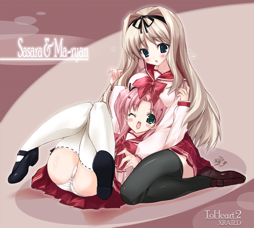 urotan, kusugawa sasara, maaryan (to heart), to heart (series), to heart 2, 00s, 2girls, black thighhighs, blonde hair, blue eyes, blush, bow, breast press, breasts, brown hair, green eyes, long hair, lying, mary janes, medium breasts, miniskirt, multi-colored panties, multicolored panties, multicolored stripes, multiple girls, on back, one eye closed, panties, pantyshot, pink hair, pleated skirt, ribbon, school uniform, serafuku, shoes, sitting, skirt, striped clothes, striped panties, thighhighs, underwear, upskirt, white thighhighs, wink, zettai ryouiki