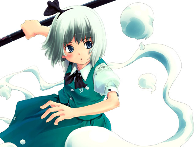sys, sys (suisei), konpaku youmu, konpaku youmu (ghost), touhou, 1girl, blue eyes, dress, female focus, green dress, grey hair, katana, sheath, sheathed, short hair, solo, sword, weapon, white background