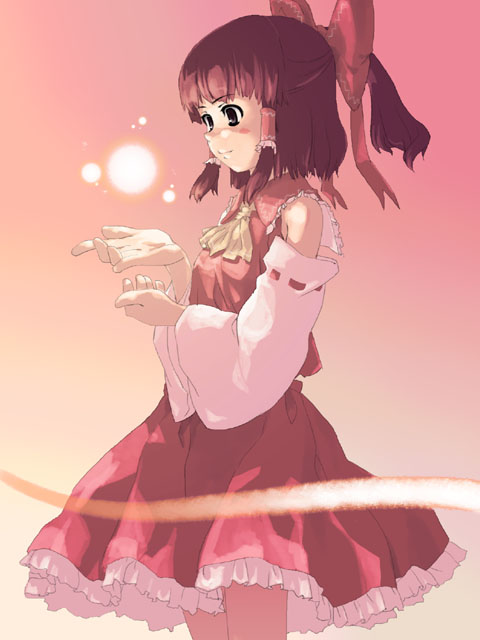 sys, sys (suisei), hakurei reimu, touhou, light, 1girl, black eyes, black hair, bow, detached sleeves, female focus, hair bow, half updo, ponytail, short hair, solo