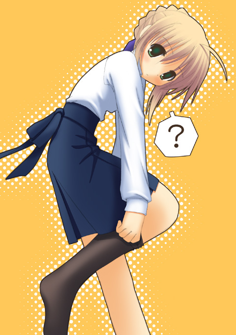 aikawa touma, artoria pendragon (fate), saber (fate), fate/stay night, fate (series), 00s, 1girl, ?, ahoge, blonde hair, blouse, clothes pull, dressing, female focus, green eyes, long sleeves, pantyhose, pantyhose pull, shirt, short hair, socks, solo, spoken question mark