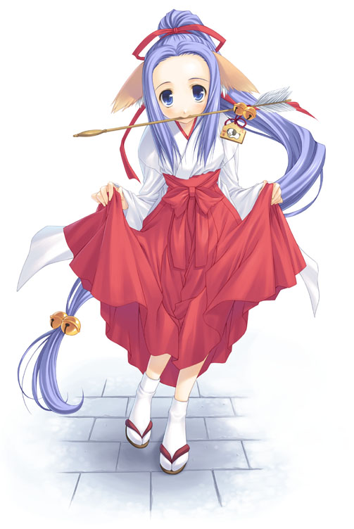 hagure keg, original, light purple hair, 1girl, animal ears, arrow (projectile), bell, blue eyes, clothes lift, dog ears, female focus, full body, hair ribbon, hakama, hakama skirt, japanese clothes, jingle bell, lifting own clothes, long hair, long sleeves, miko, mouth hold, new year, ponytail, red hakama, red ribbon, red skirt, ribbon, sandals, simple background, skirt, skirt lift, socks, solo, standing, stone floor, very long hair, white background, white socks, zouri