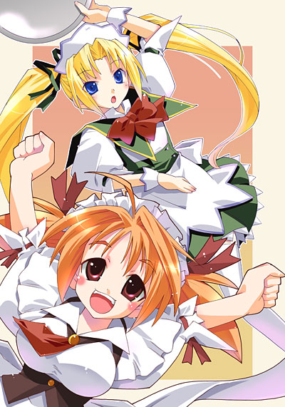imu sanjo, original, uniform, 2girls, ahoge, arm up, arms up, ascot, blonde hair, blue eyes, blush, bow, breasts, cheering, flat chest, hair ribbon, holding, long hair, looking at viewer, maid headdress, multiple girls, open mouth, orange hair, red eyes, ribbon, sailor collar, short hair, short sleeves, skirt, smile, tray, twintails, very long hair, waitress