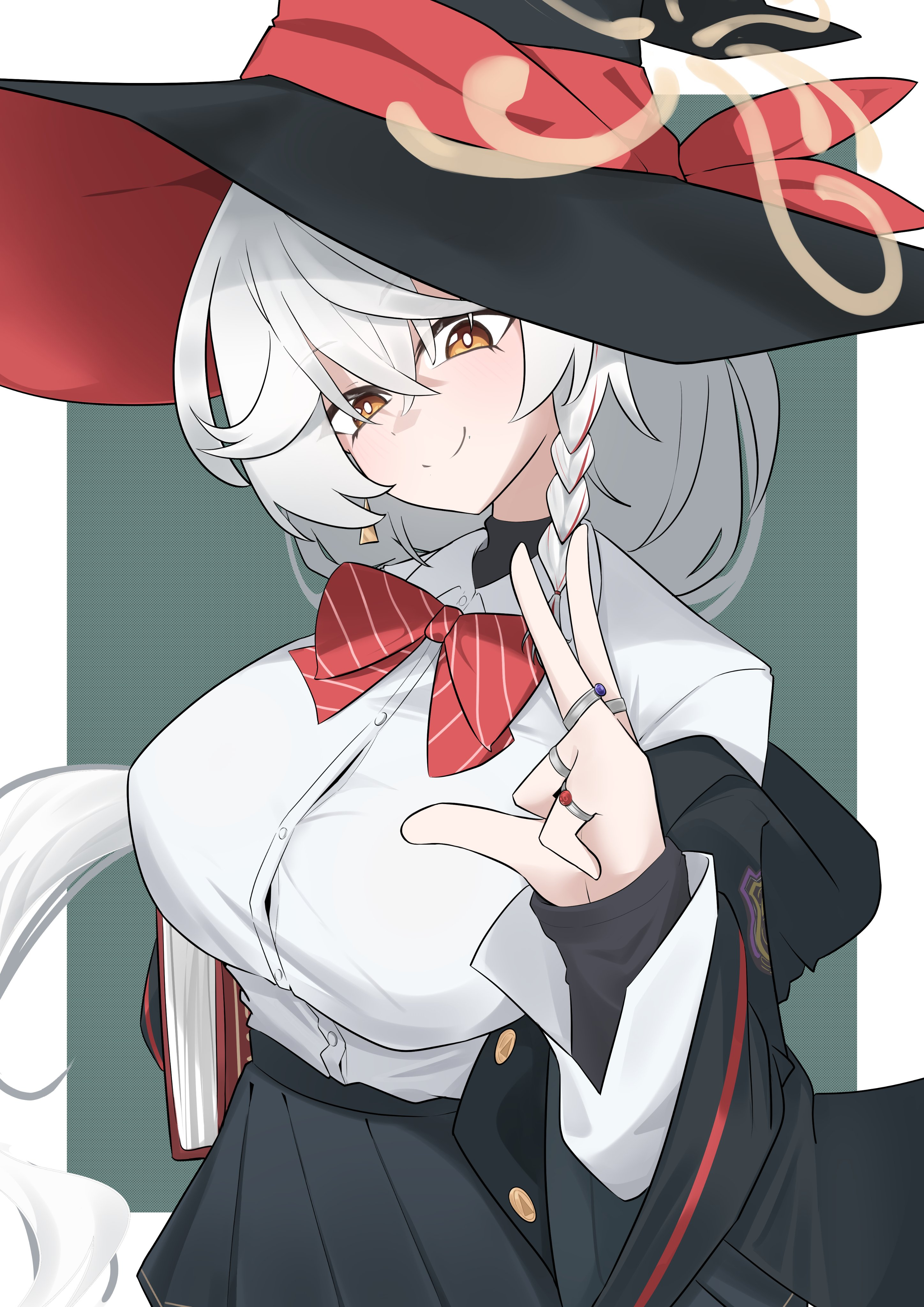 eri (blue archive), blue archive, book, bow, bowtie, braid, breasts, earrings, halo, hat, head tilt, holding, holding book, jacket, jacket partially removed, jewelry, large breasts, long coat, long hair, orange eyes, ring, shirt, skirt, sweater, v, white hair, witch hat