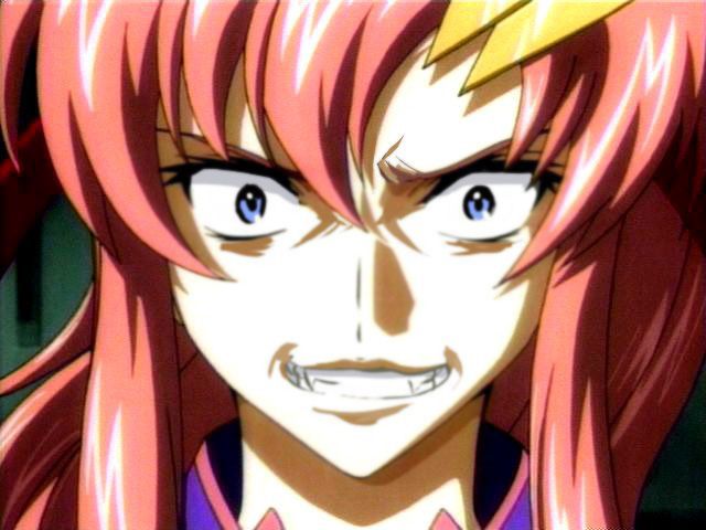 lacus clyne, gundam, gundam seed, gundam seed destiny, 00s, 1girl, blue eyes, clenched teeth, close-up, fangs, female focus, hair between eyes, long hair, pink hair, sidelocks, solo, teeth