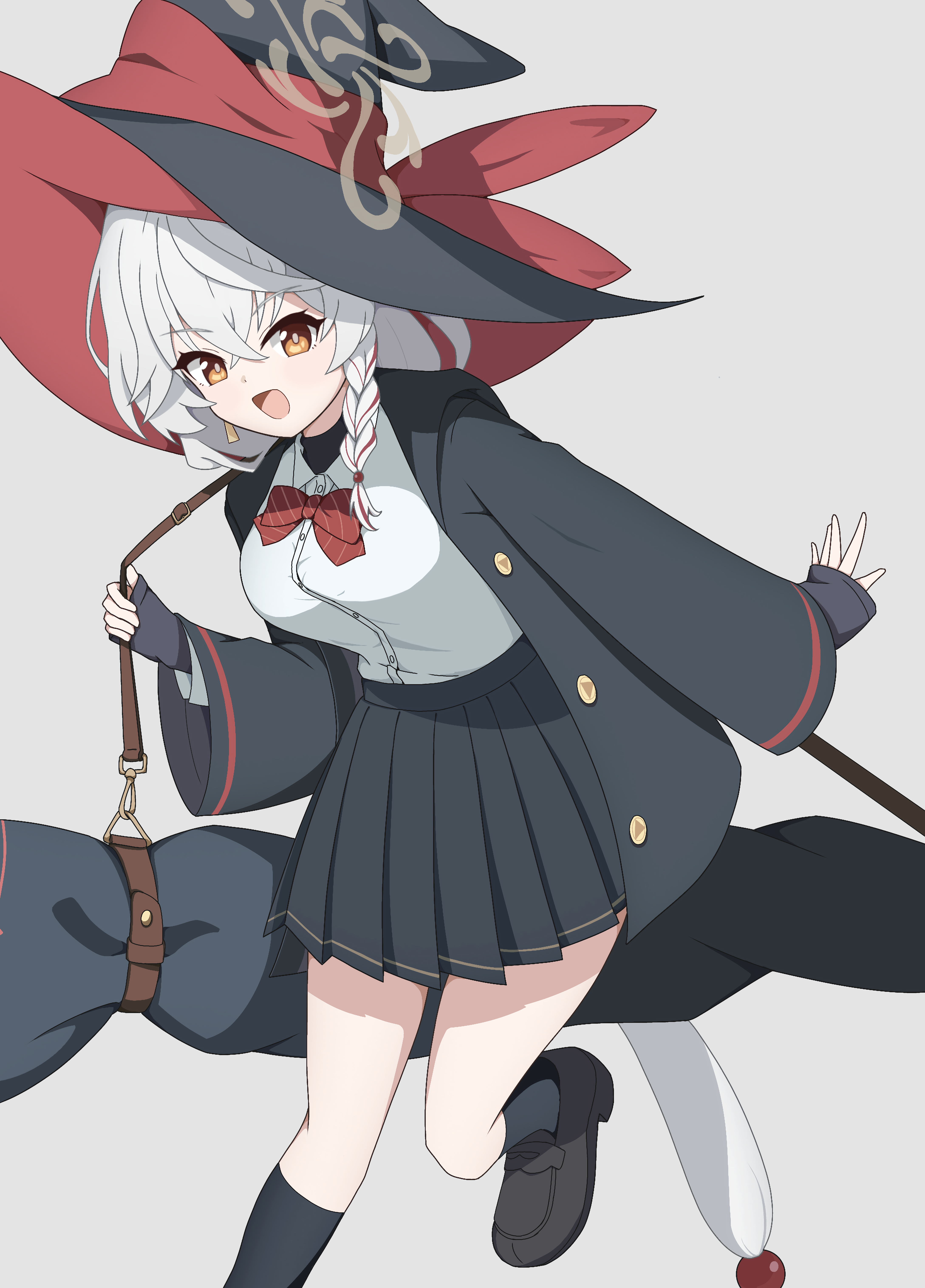 eri (blue archive), blue archive, :d, bow, bowtie, braid, earrings, gun, halo, hat, holding strap, jacket, jewelry, long coat, long hair, open mouth, orange eyes, shirt, skirt, sleeves past wrists, smile, sweater, weapon, white hair, witch hat