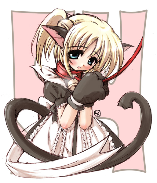 goyo (54 45 54), 54 (ukagaka), ukagaka, artist request, 1girl, animal ears, animal hands, bell, blonde hair, blue eyes, blush, cat ears, cat tail, collar, dress, female focus, hair ornament, jingle bell, leash, maid, neck bell, open mouth, ponytail, solo, tail