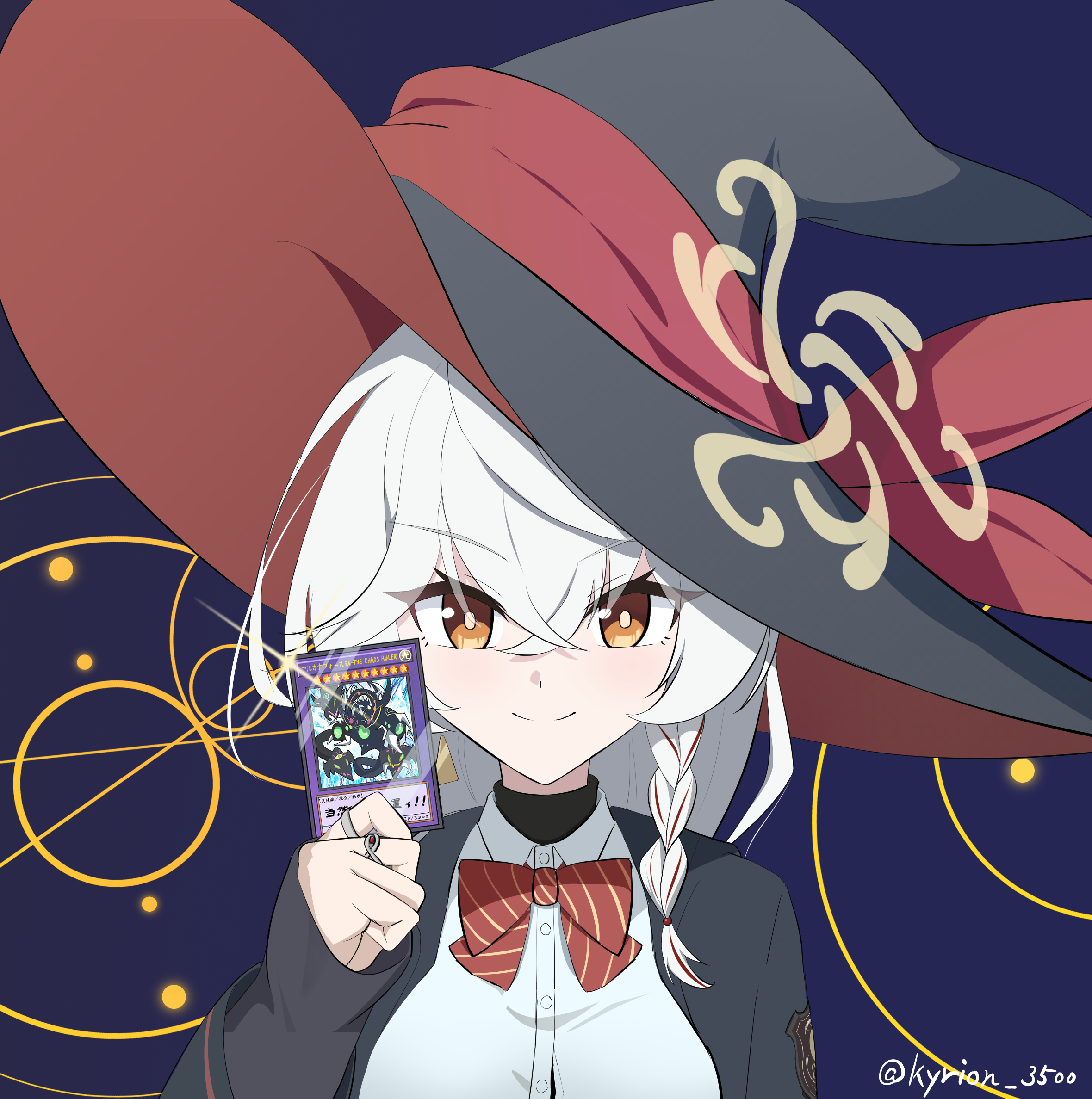 kyrion, eri (blue archive), blue archive, yu-gi-oh!, bow, bowtie, braid, card, halo, hat, holding, holding card, jacket, long coat, long hair, magic circle, orange eyes, shirt, skirt, sweater, white hair, witch hat