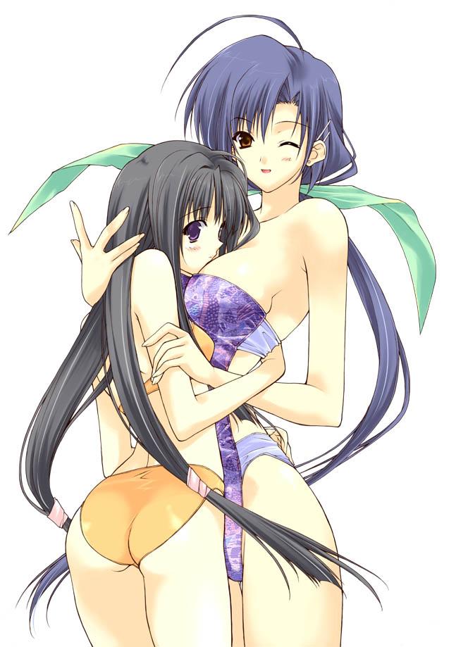 suzuhira hiro, takako, kimishima nana, kinoshita takako, pia carrot (series), pia carrot e youkoso!!, pia carrot e youkoso!! 3, arm grab, 1990s (style), 2girls, ;d, ahoge, ass, back, bare shoulders, bikini, black hair, blue eyes, blue hair, blush, breast smother, breasts, brown eyes, casual one-piece swimsuit, earrings, embarrassed, face to breasts, flat chest, from behind, hair ornament, hair ribbon, hairclip, hug, jewelry, large breasts, long hair, looking back, multiple girls, one-piece swimsuit, one eye closed, open mouth, orange eyes, ponytail, purple eyes, retro artstyle, ribbon, scrunchie, simple background, smile, straight neck, swimsuit, thigh gap, twintails, very long hair, wink, yuri