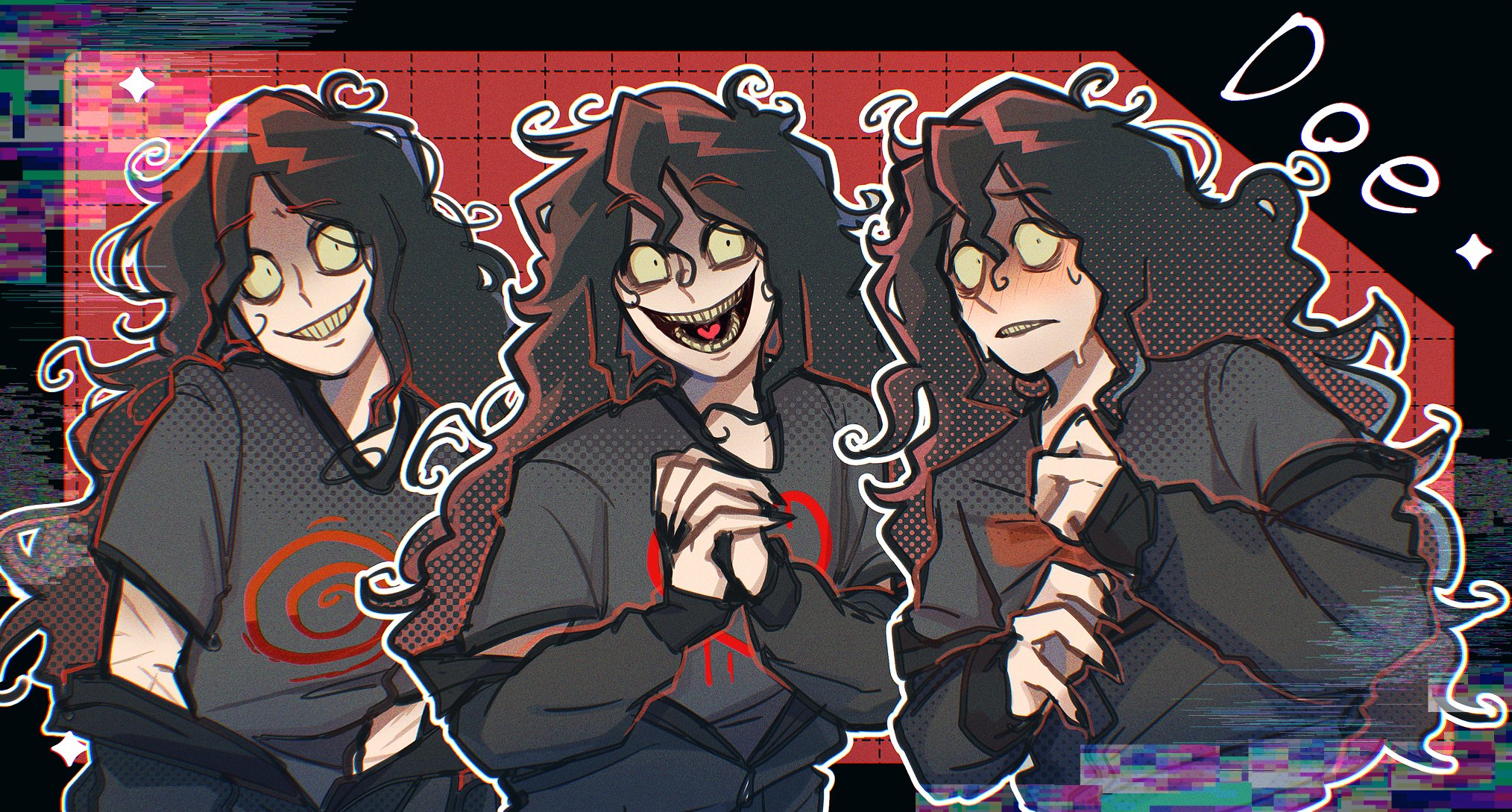 kana (kanaice), john doe (visual novel) (character), john doe (visual novel), hashtag-only commentary, highres, 1boy, :d, bags under eyes, black hair, black jacket, black shirt, character name, colored sclera, colored teeth, constricted pupils, curly hair, d:, glitch, grin, head tilt, heart, heart in mouth, heart print, jacket, jacket partially removed, long hair, looking at viewer, male focus, multiple expressions, multiple persona, multiple scars, multiple views, nervous, open mouth, outline, own hands clasped, own hands together, scar, scar on arm, self-harm scar, shirt, smile, sweat, swirl, upper body, very long hair, white outline, yellow sclera, yellow teeth