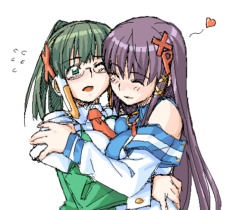 homeko, xp-tan, xp home-tan, xphome, os-tan, lowres, 2girls, ^ ^, blush, breast press, breasts, closed eyes, detached sleeves, glasses, green eyes, green hair, hair ornament, hairclip, hug, long hair, multiple girls, necktie, oekaki, ponytail, purple hair, robot ears, shirt, simple background, smile, symmetrical docking, very long hair, yuri
