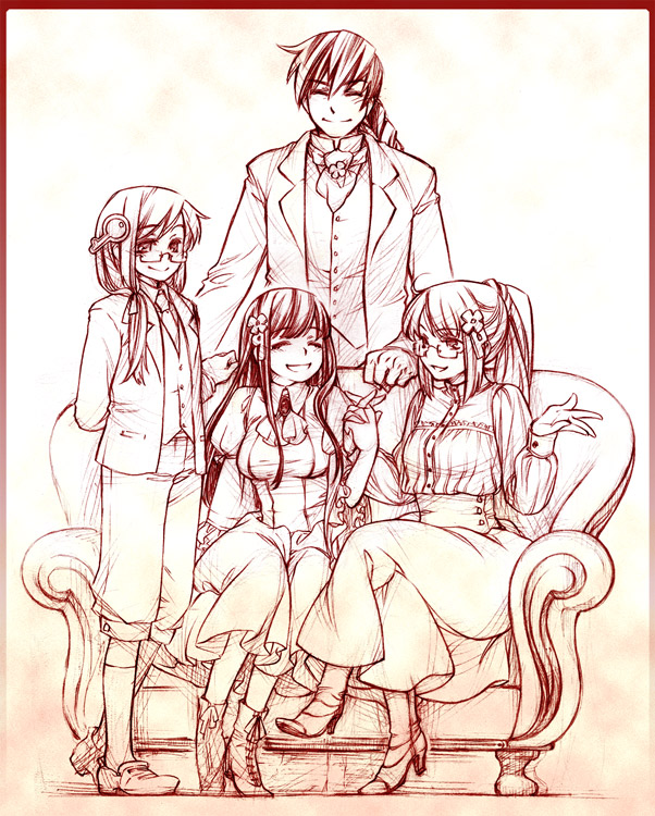 homeko, homeo, xp-kun, xp-tan, xp home-tan, xphome, xpmc, os-tan, 2boys, 2girls, monochrome, multiple boys, multiple girls, red theme, sepia