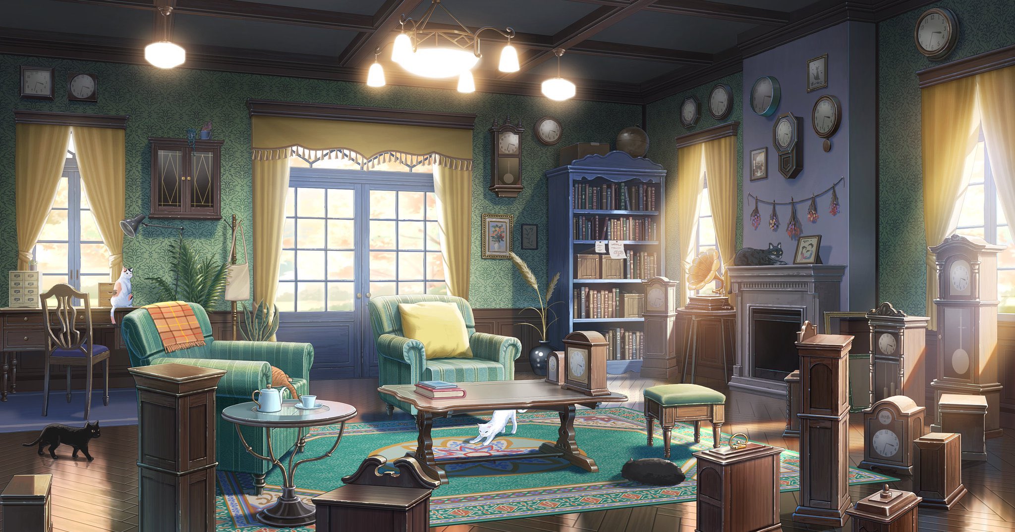 fumeshi, original, highres, analog clock, armchair, bag, black cat, book, book stack, bookshelf, calico (pattern), calico cat, cat, cat loaf, chair, clock, coat rack, coffee table, cup, curtains, cushion, desk, desk lamp, drawer, fireplace, flower, grandfather clock, hanging flower, hanging light, indoors, lamp, muntins, no humans, note, pendulum clock, phonograph, photo (object), picture frame, plant, potted plant, reeds, rug, saucer, scenery, stool, sunlight, table, teacup, teapot, too many clocks, vase, wall clock, wallpaper (object), white cat, window, wooden floor