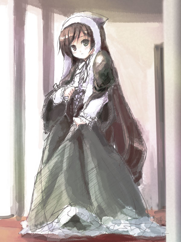 suiseiseki, rozen maiden, 00s, 1girl, female focus, full body, heterochromia, indoors, long hair, looking at viewer, solo, standing, very long hair