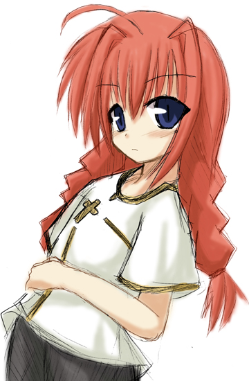 vita (nanoha), lyrical nanoha, mahou shoujo lyrical nanoha, mahou shoujo lyrical nanoha a's, 00s, 1girl, blue eyes, braid, cross, female focus, latin cross, red hair, shirt, solo, t-shirt, twin braids