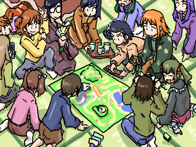 ginga kuon, hida sayuri, hisakawa maachi, ichikawa mayura, izumi kaori, jinguuji kanade, katsura minamo, katsura seina, kinjou nanaho, kutsugi kotoha, oume ayumu, randou rino, tsunomoto rein, gokujou seitokai, striped, 00s, 6+girls, animal ears, back, black hair, blonde hair, blue hair, brown hair, cat ears, cellphone, cup, everyone, fake animal ears, from above, futon, glasses, green hair, hair ornament, hairclip, japanese clothes, kimono, kneeling, laughing, long hair, looking at another, multiple girls, orange hair, pants, phone, playing games, short hair, side ponytail, sitting, sleeping, smile, socks, sweater, tatami, track suit, tray, twintails