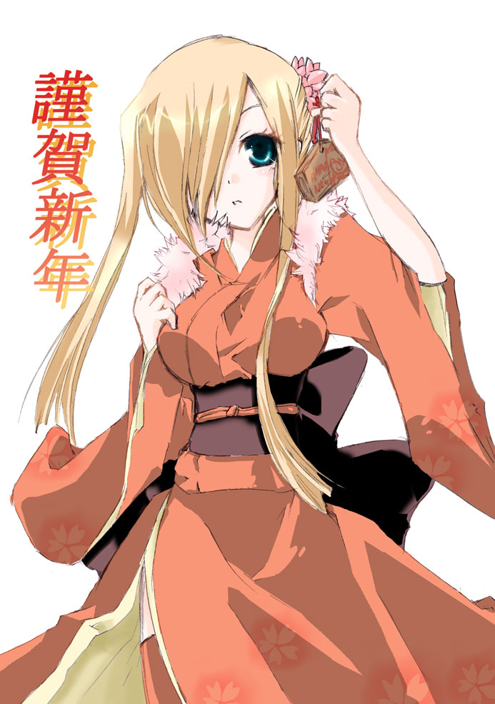 hiroto ayuzu, original, 1girl, blonde hair, ema, female focus, hair over one eye, japanese clothes, new year, solo