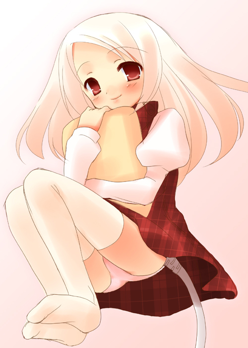 yukizuki chikuba, lucy maria misora, to heart (series), to heart 2, plaid, 00s, 1girl, blush, dress, female focus, panties, pantyshot, pink hair, pink panties, red dress, red eyes, red skirt, short dress, skirt, smile, solo, tail, thighhighs, underwear, upskirt, white hair, white thighhighs