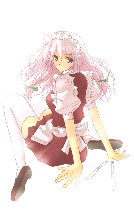 izayoi sakuya, touhou, 1girl, black dress, braid, dress, female focus, grey eyes, long hair, looking back, maid, maid headdress, pink hair, puffy sleeves, sitting, skirt, solo, thighhighs, twin braids, wariza, white background, white thighhighs