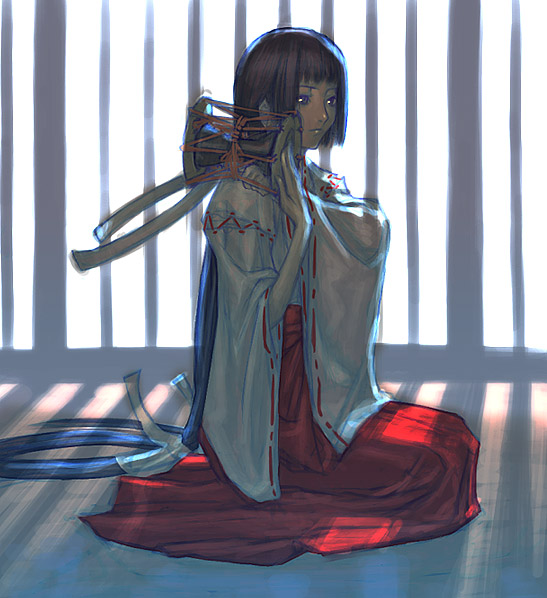 sakamoto mineji, original, 1girl, drum, female focus, hakama, hakama skirt, instrument, japanese clothes, miko, red hakama, seiza, sitting, skirt, solo