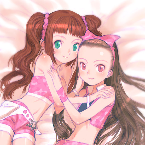 sakamoto mineji, minase iori, takatsuki yayoi, idolmaster, idolmaster (classic), idolmaster 1, 00s, 2girls, bare shoulders, bed, belt, bracelet, brown hair, cool & sexy (idolmaster), crop top, cropped jacket, flat chest, forehead, green eyes, hair ribbon, hairband, hug, jewelry, long hair, looking at viewer, lying, midriff, multiple girls, navel, red eyes, ribbon, shorts, sleeveless, smile, star (symbol), twintails, very long hair, wristband