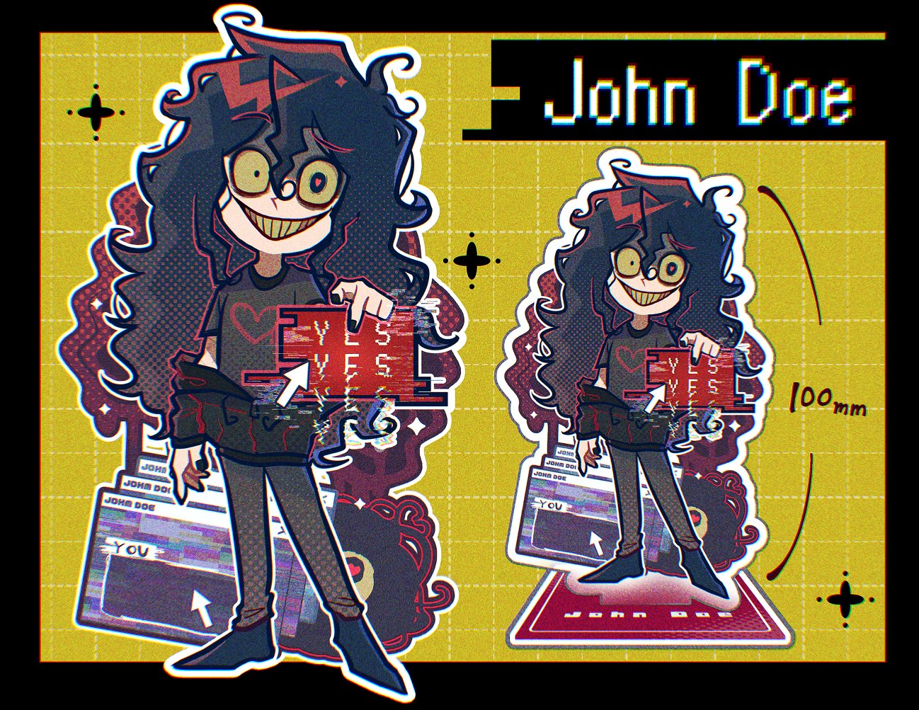 kana (kanaice), john doe (visual novel) (character), john doe (visual novel), 1boy, black border, black hair, black jacket, black shirt, border, character name, colored sclera, crazy grin, curly hair, cursor, dialogue options, full body, heart, heart-shaped pupils, heart print, holding, jacket, jacket partially removed, long hair, looking at viewer, multiple views, outline, outside border, shirt, sparkle, standing, symbol-shaped pupils, very long hair, white outline, window (computing), yellow sclera, zoom layer