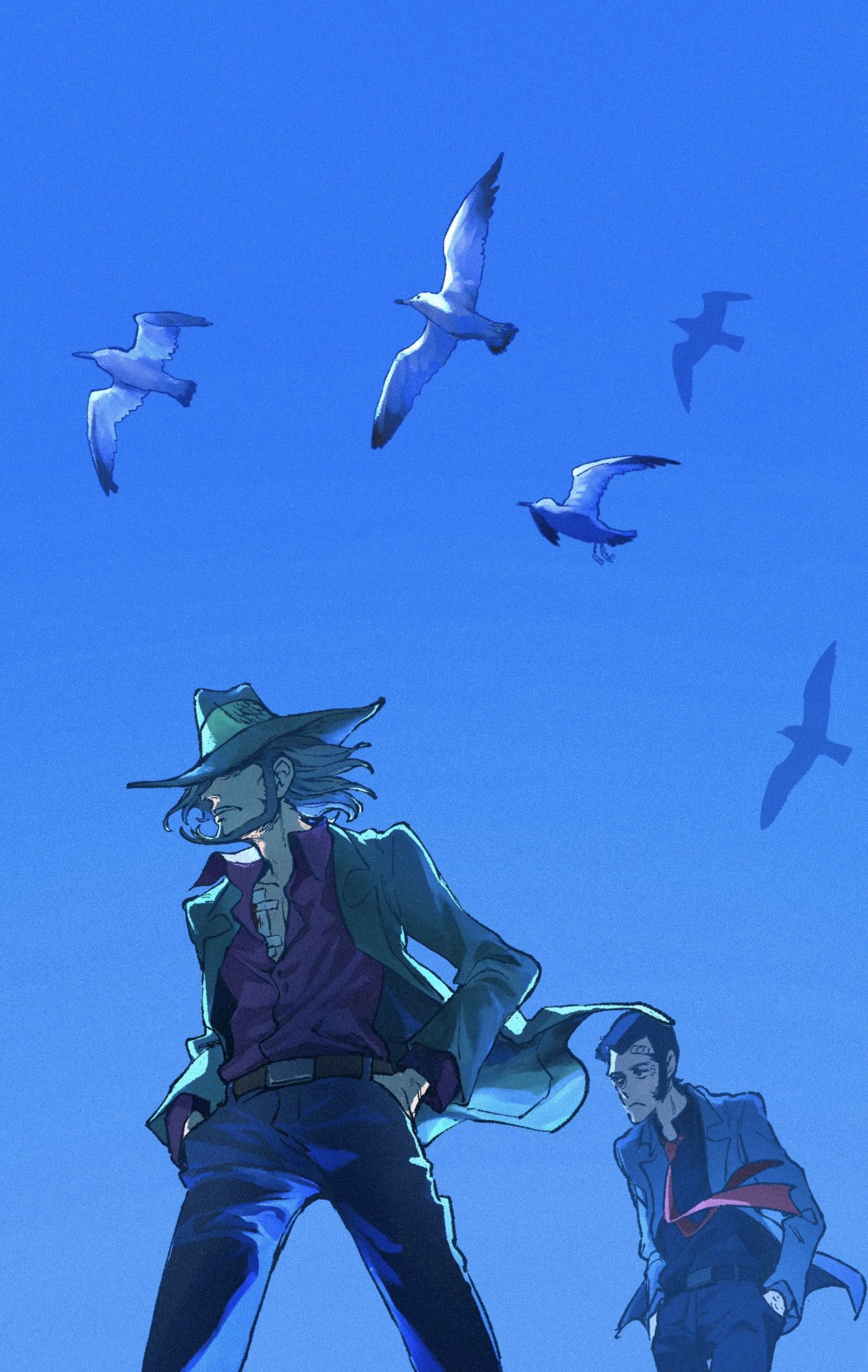 rokudenaru, arsene lupin iii, jigen daisuke, lupin iii, highres, 2boys, bandaid, bandaid on chest, bandaid on face, beard, bird, black hat, blue sky, blue theme, cowboy shot, facial hair, hands in pockets, hat, male focus, multiple boys, necktie, outdoors, red necktie, sideburns, sky