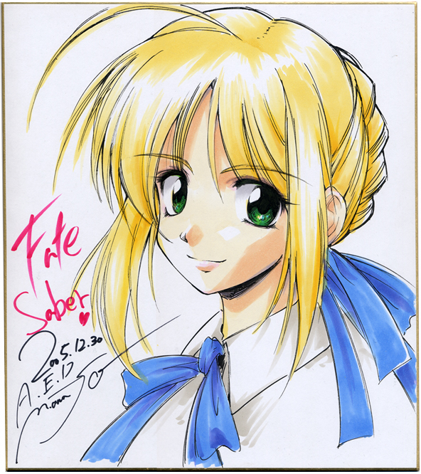onaya masakazu, artoria pendragon (fate), saber (fate), fate/stay night, fate (series), 00s, 1girl, blonde hair, blouse, female focus, green eyes, shikishi, shirt, signature, solo